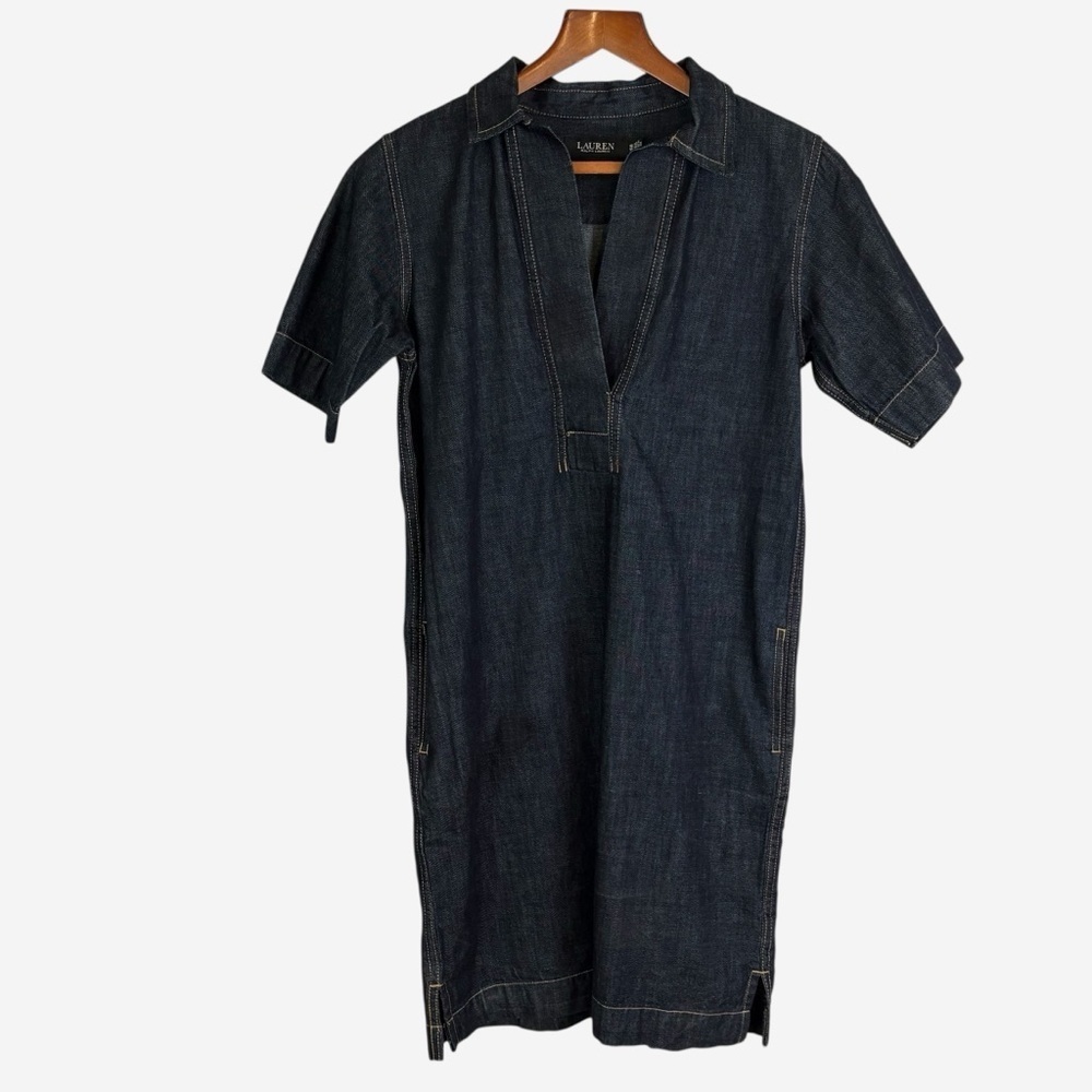 Lauren Ralph Lauren Denim Shift Shirt Dress Size XS Short Sleeve Dark Blue Wash - Picture 3 of 12